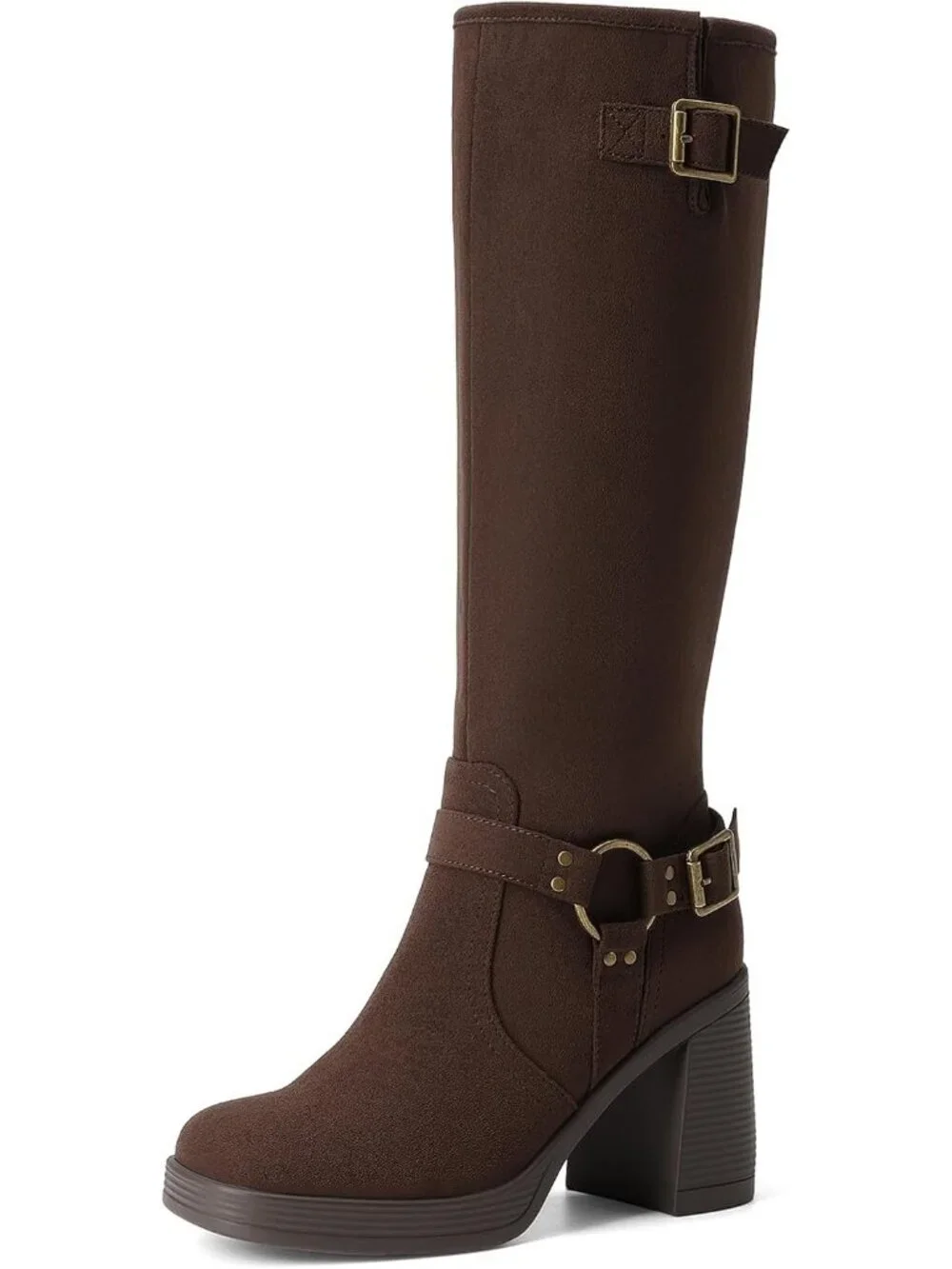 Women's Brown Faux Suede Block Heel with Platform Square Toe Knee High Boots